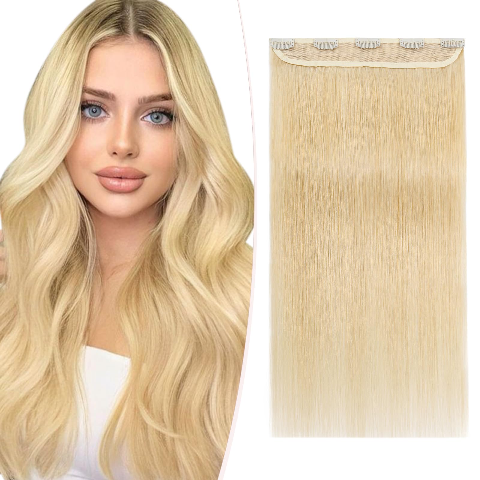 SEGOHAIR Clip in Hair Extensions, Real Human Remy Hair, 20" One Piece, Seamless, Bleach Blonde (50g)