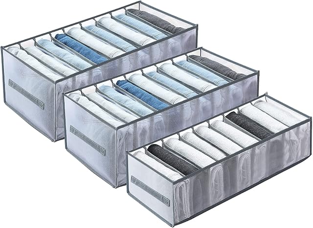 Yotako 3Pcs Closet Drawer Organisers, Foldable Wardrobe Clothes Organizer with Compartments, Nylon Wardrobe Storage Boxes for Jeans, Baby Clothes, Leggings, T-shirt, Trousers(Grey, 9, 9, 9 Grids)