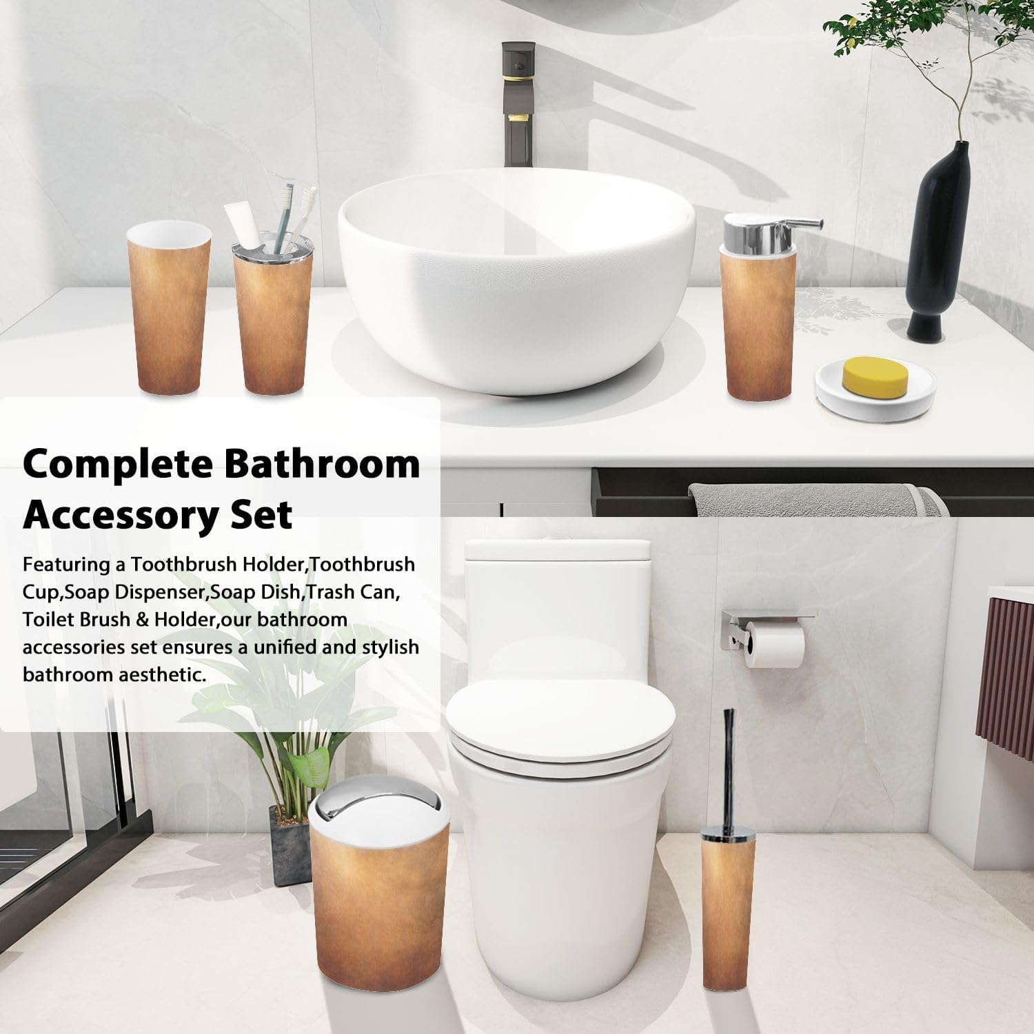 Bathroom Accessory Set 6PCS Vintage Bronze Copper Plate Non Ferrous Metal Sheet as Trash Can, Soap Dispenser, Toothbrush Holder, Toothbrush Cup, Toilet Brush Holder, Soap Dish for Gifts
