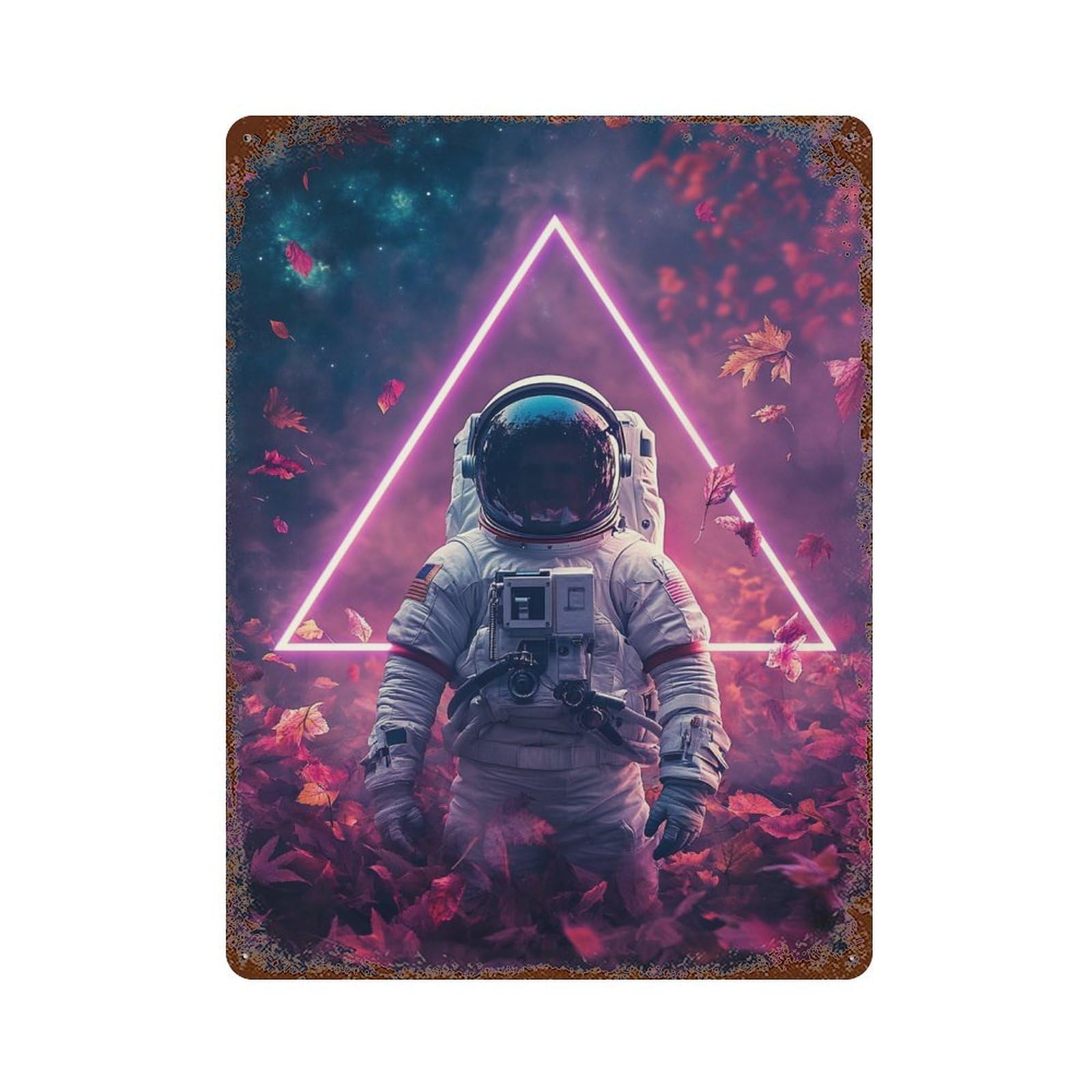 Space Astronaut in Neon Triangle Rust Effect Tin Sign 15.7"x11.8", Vintage Wall Decor for Garage, Pub Or Kitchen