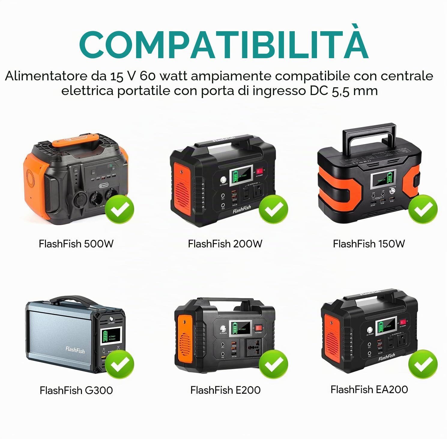 TAIFU DC 15V 4A Alimentatore Caricatore per FF FlashFish 500W 200W 150W G300 E200 EA200 EA150 Stazione di Cavo Alimentazione Portatile Powerstation Generatore Solare Caricabatterie