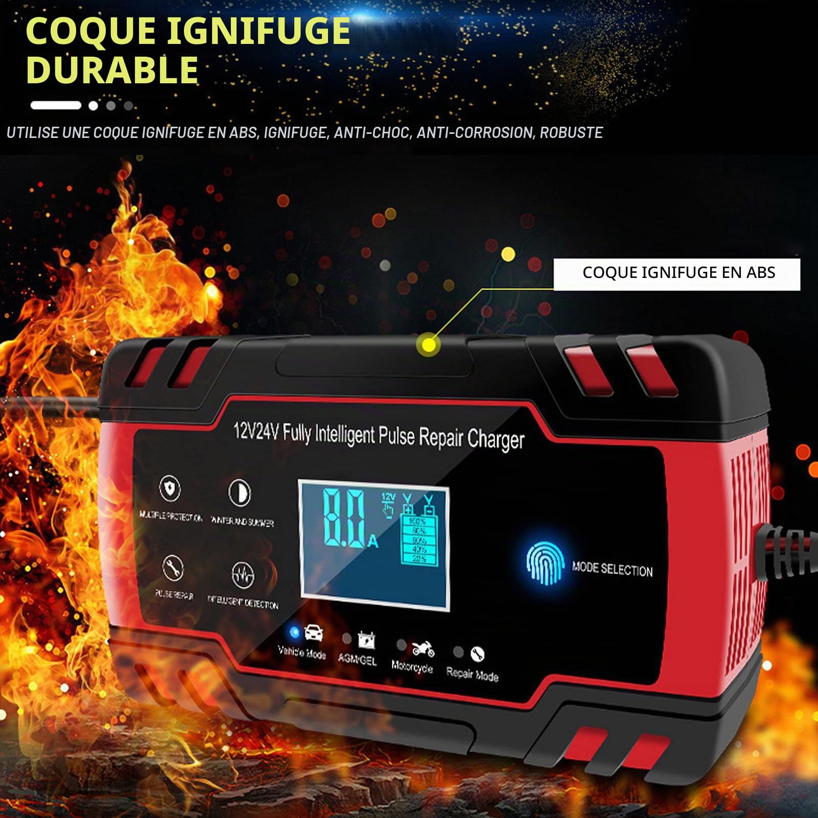 Chargeur de Batterie Intelligent 12V/24V 2-150Ah Automatique pour Voiture et Moto avec Écran Multiple 140W