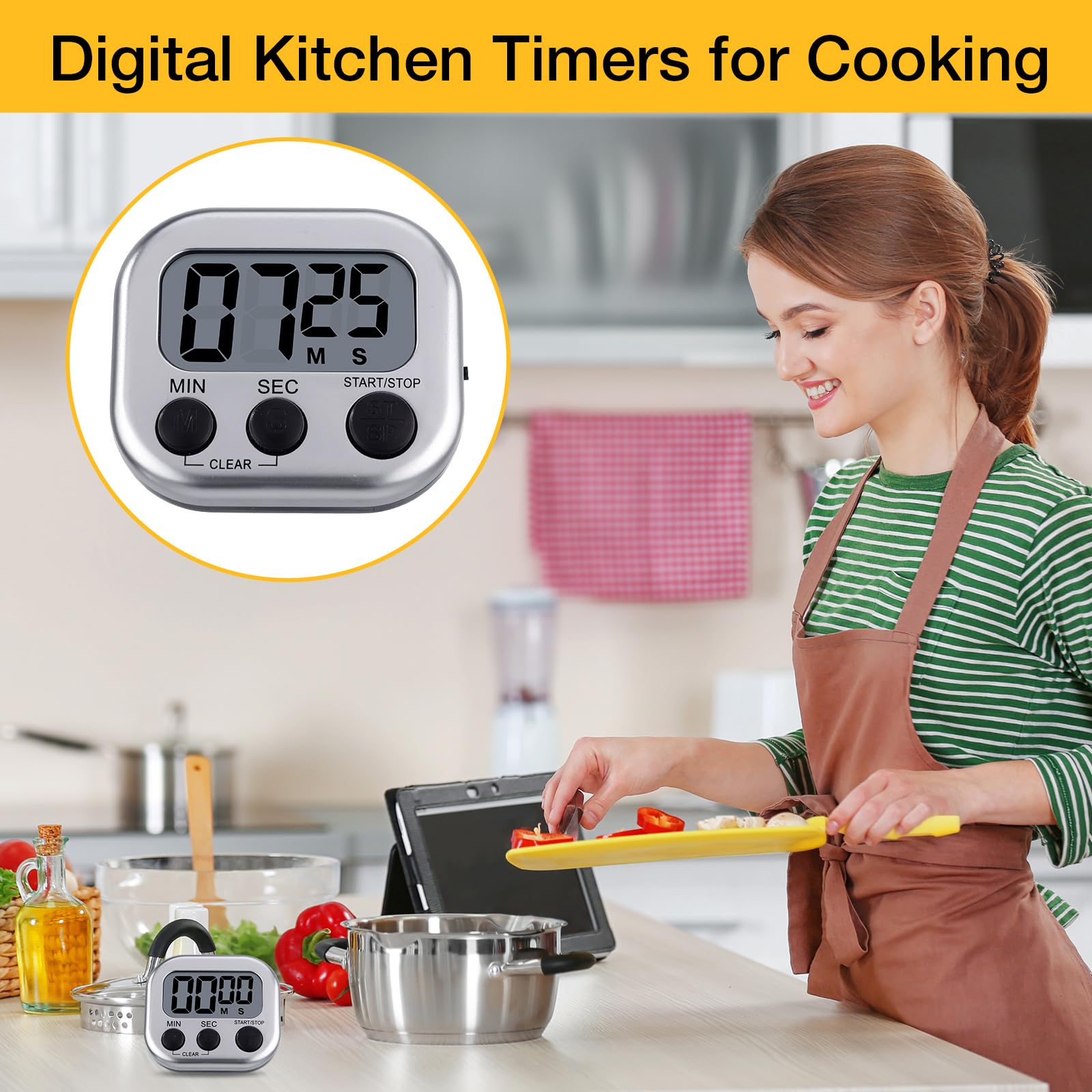 Leumoi 24 timer digitali da cucina magnetici, grande schermo, allarme forte interruttore on/off, conto alla rovescia, impostazione di memoria per cucinare in aula (argento e nero)