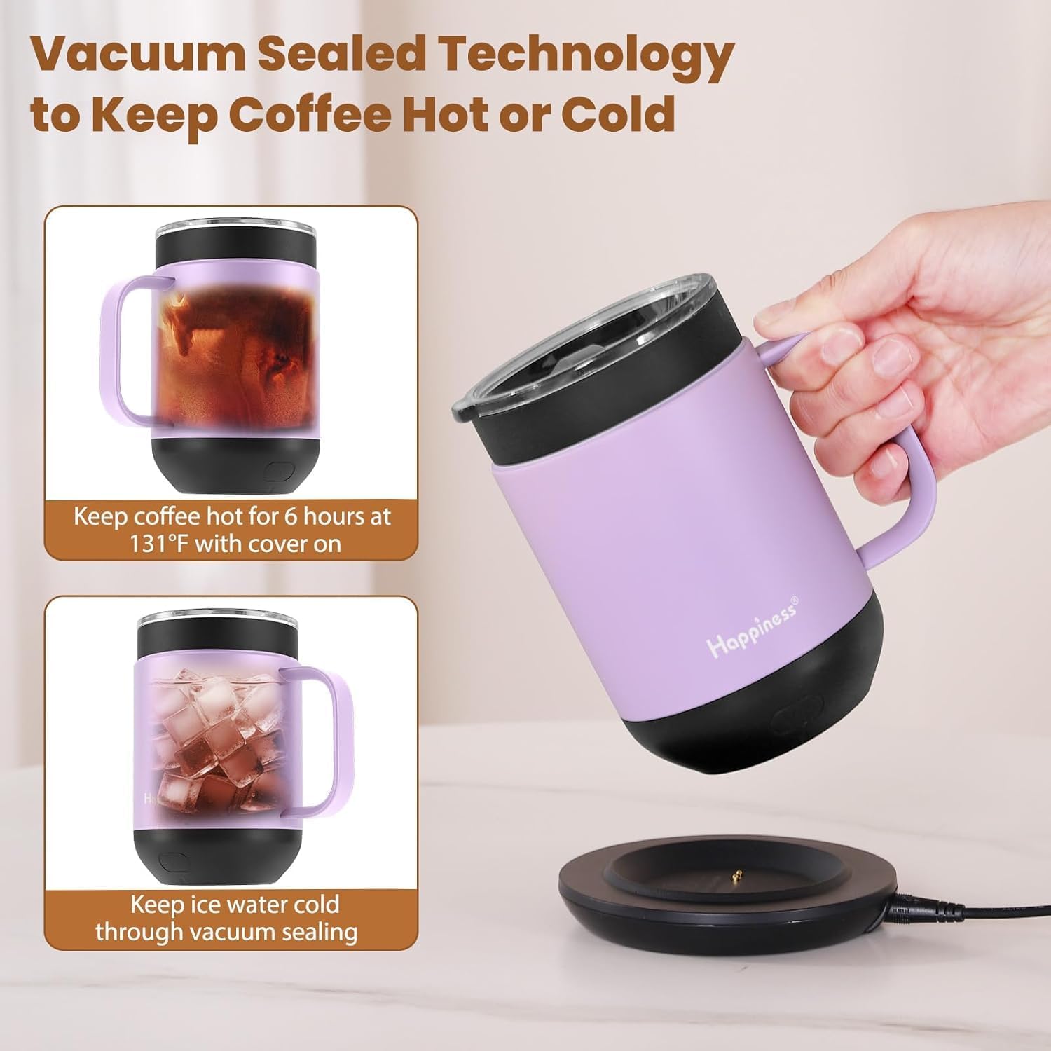 Happiness Smart Heated Coffee Mug,16oz Rechargeable Electric Self Heating Temperature Control Coffee Cup,Gifts for Mom Dad Grandma Wife