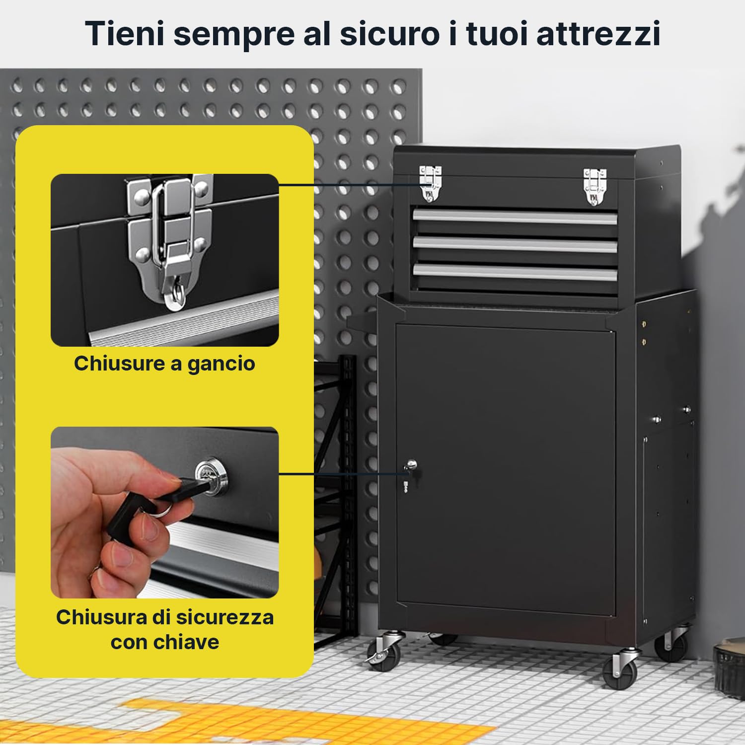 Carrello Officina Porta Attrezzi in Metallo - Banco da Lavoro Mobile con 3 Cassetti Scorrevoli e Armadietto con Serratura - 4 Ruote Girevoli e Maniglia Ergonomica - Organizer per Garage