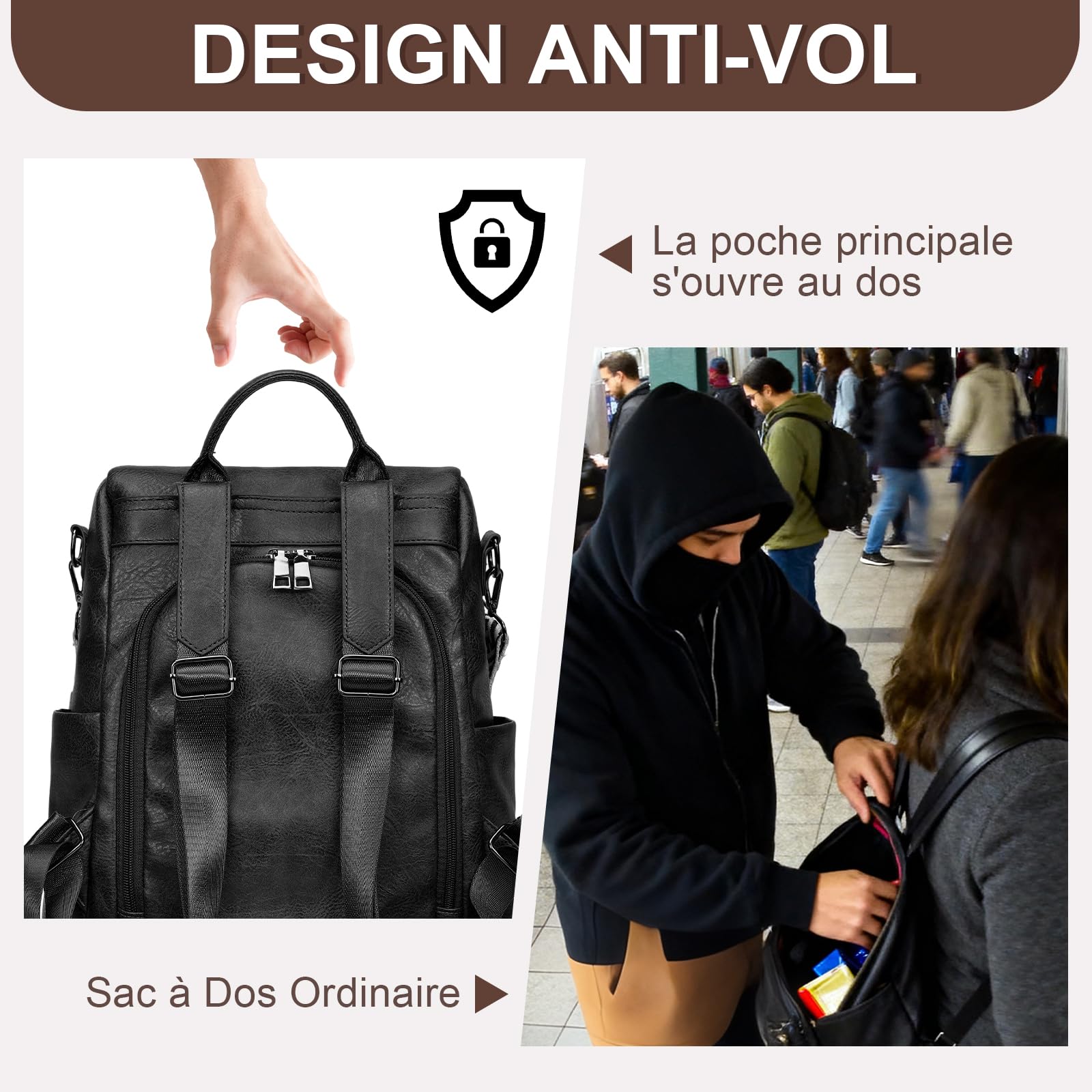Eshow Petit Sac a Dos Femme Antivol, Sacs à Main Portés Dos Elégant Léger Imperméable PU Cuir, Sacoche Bandoulière avec Étui anti RFID & Pochette pour Voyage Travail Loisirs Université Noir