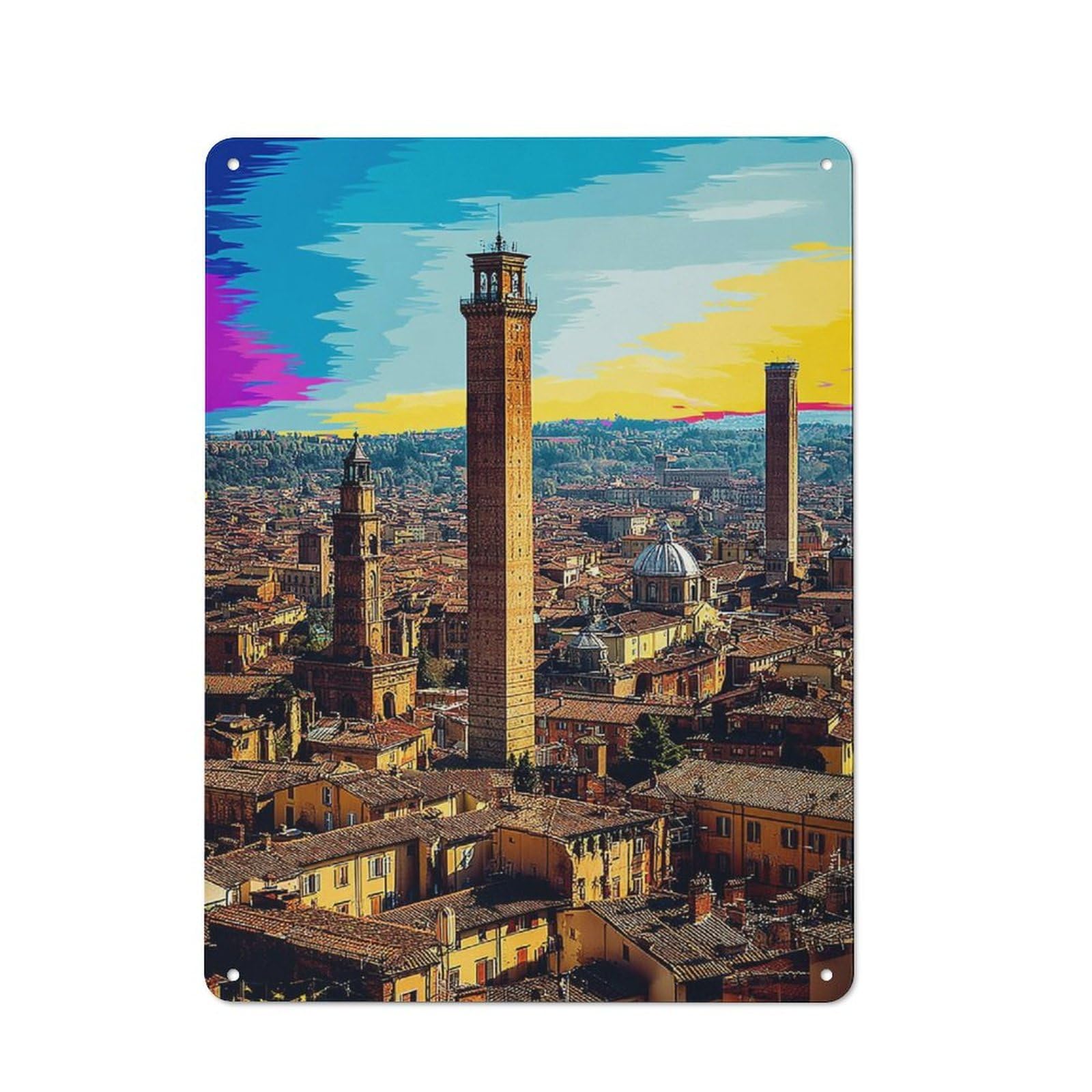 Junmoney Bologna's Iconic Towers Decorative Metal Wall Decor 40X30cm, Vintage Metal Sign For Hallway, Home Bar, Garage Or Study
