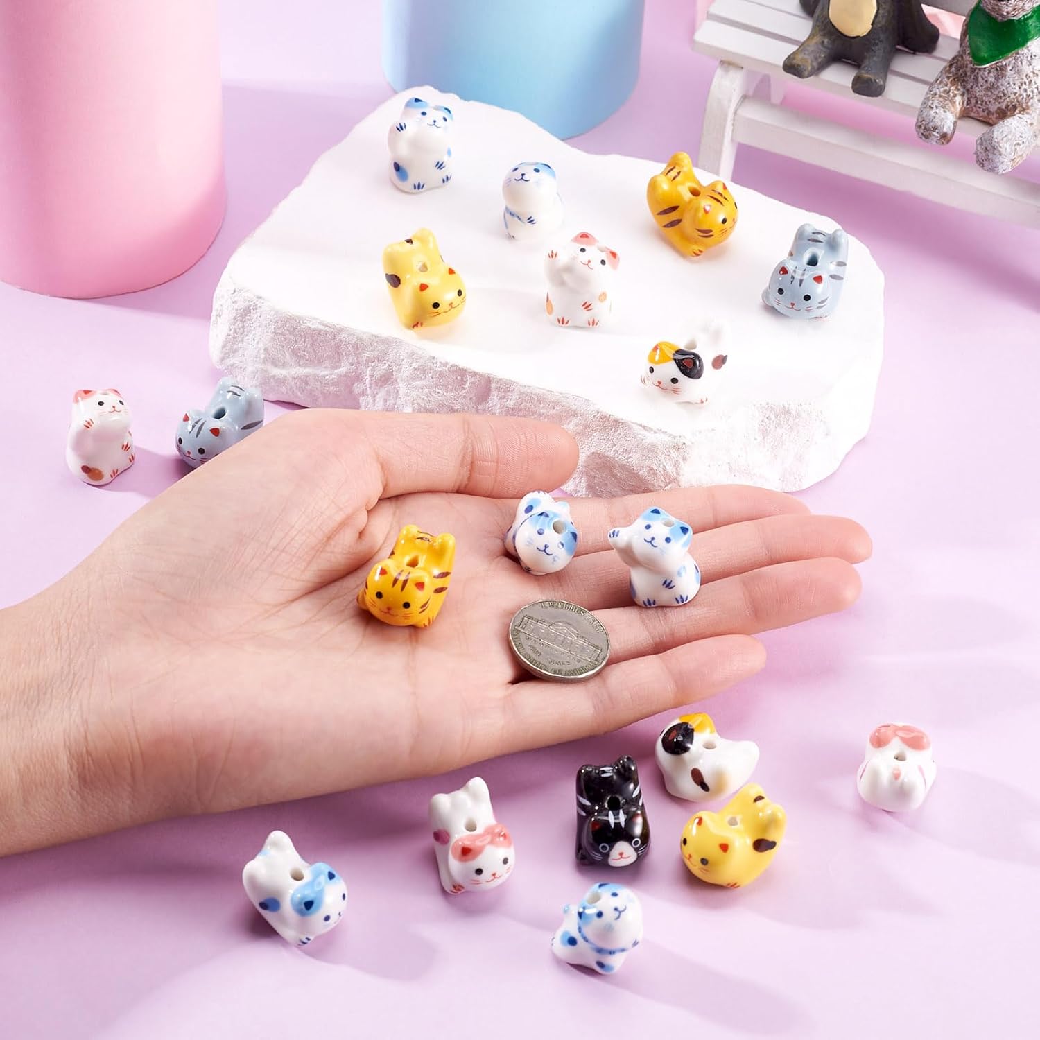 20Pcs Handmade Cat Porcelain Beads Ceramic Cat Beads Cute Assorted Kitten Craft Bead Lovely Pet Animal Spacer Bead for DIY Crafts Earring Bracelet Keychain Lanyard Jewelry Making