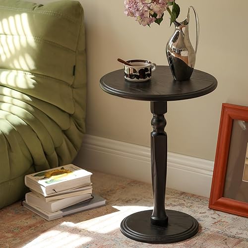 Miniatura 7 de Mesa auxiliar redonda de madera maciza, mesa pequeña para bebidas para lugares pequeños, mesa decorativa con pedestal estable para sala de estar,