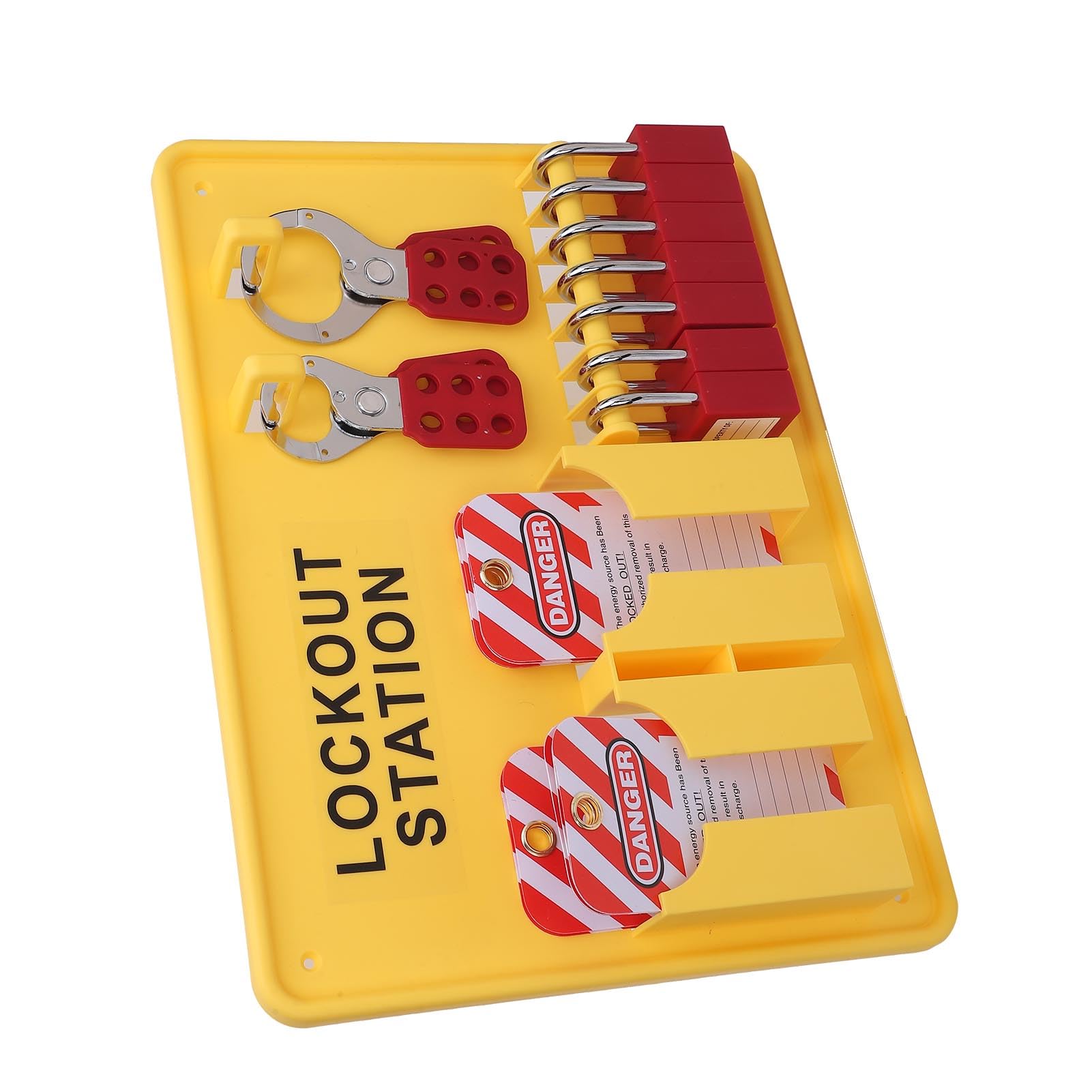 Kit de Estación de Bloqueo y Etiquetado, Tablero de Seguridad Duradero Amarillo para Mantenimiento Industrial con 7 Candados, 10 Etiquetas, 2 Cerrojos