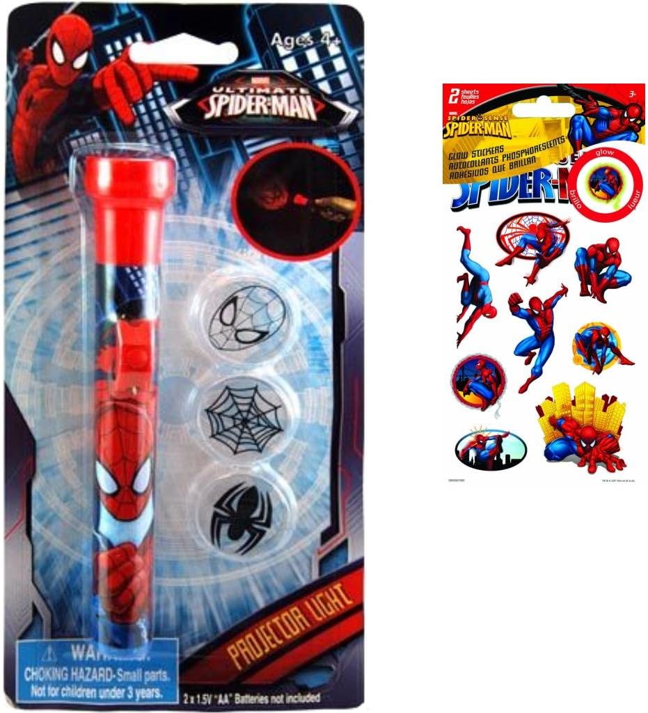 Ultimate Spider-Man Light Up Projector Night Light Plus 1-Pack Spiderman Glow Stickers (2 Sheets)