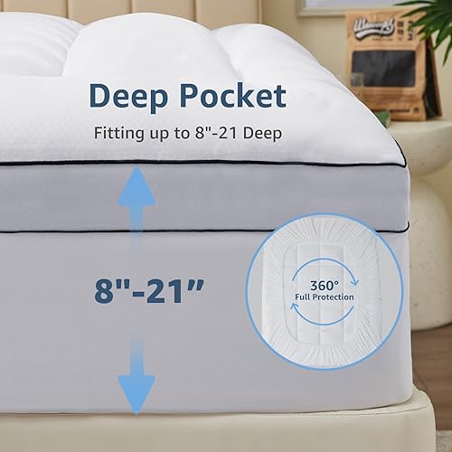 Miniatura 3 de CozyLux Cubrecolchón tamaño matrimonial, 900GSM, extra grueso, para aliviar el dolor de espalda, funda de colchón de felpa con relleno alternativo