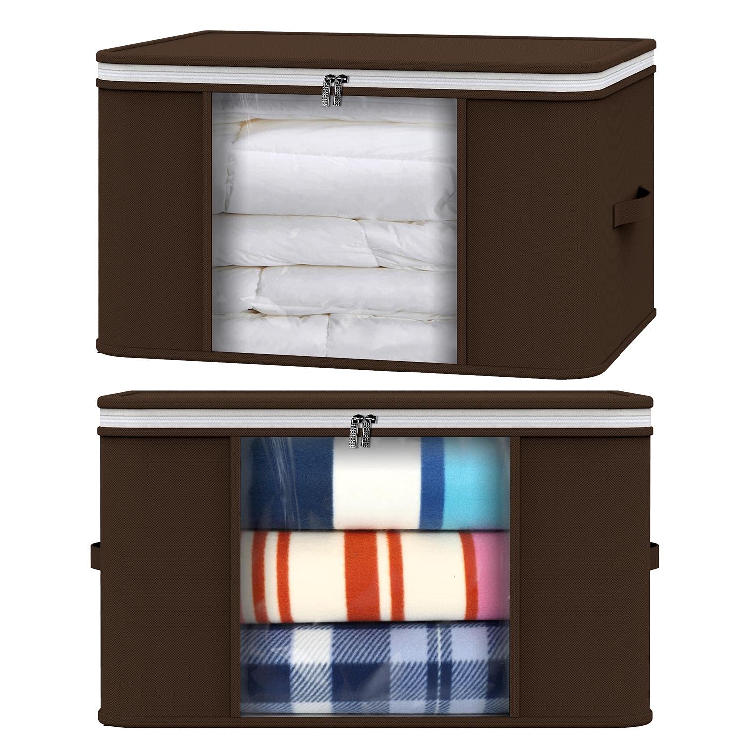 Vinsani Brown 2Pcs Clothes Storage Bags Organiser Big Capacity Wardrobe Duvet Underbed Storage With Double Zipper, Moisture-Proof Big Clear Windows Perfect Space For Clothes Beddings Blankets –