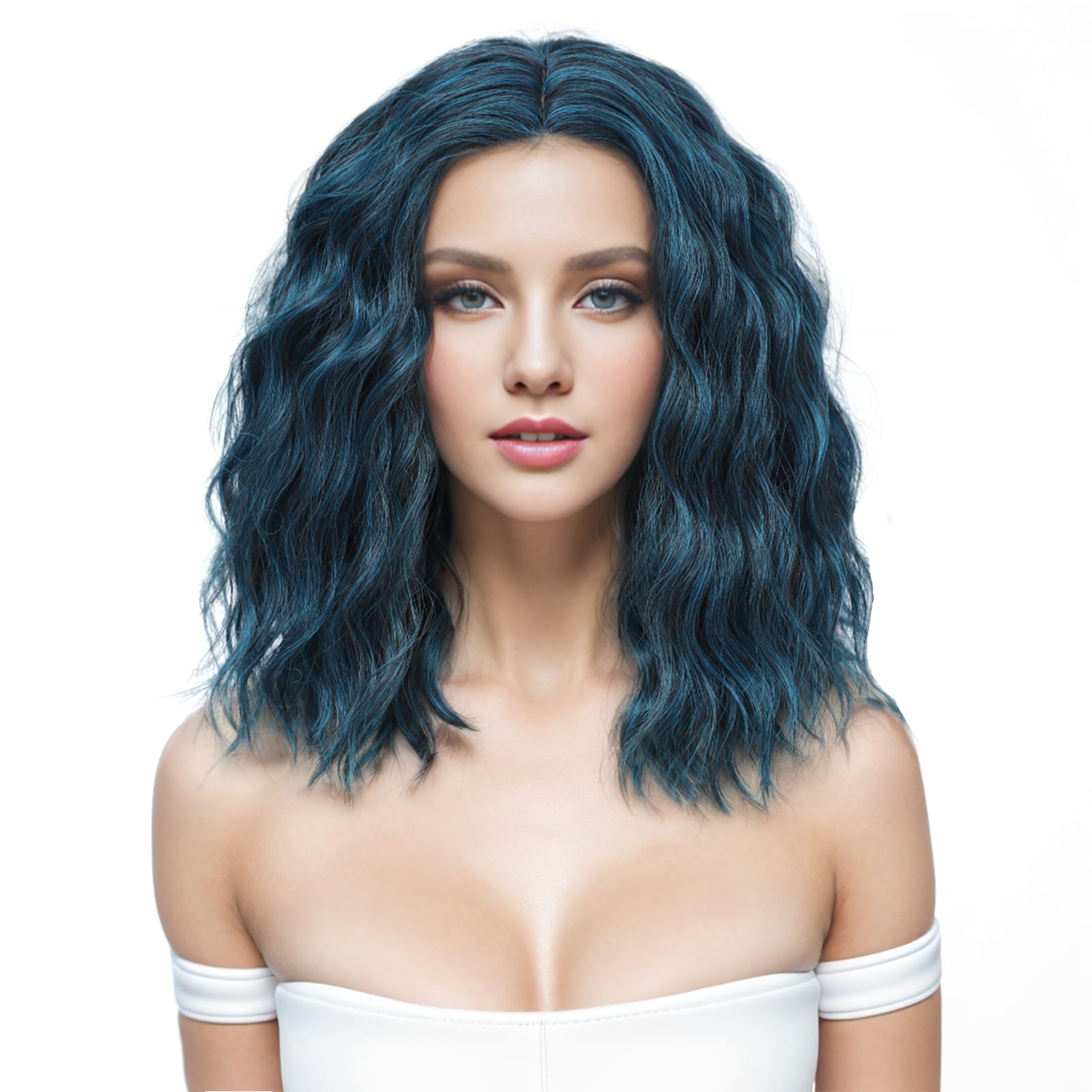 Yamel Wavy Bob Wig Natural Wig Blackish Blue Synthetic Hair Shoulder Length Short Curly Middle Part Lace Front Wigs for Women