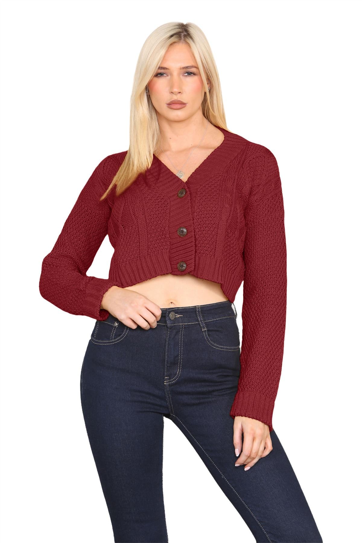 Janisramone Women's Wine Janisramone® Cable Knitted Cardigan, 3 Buttons Cropped Jumper Casual, Long Sleeve Top, Chunky Winter Cardigans For Uk, Short Warm Sweater - Party Jumpers