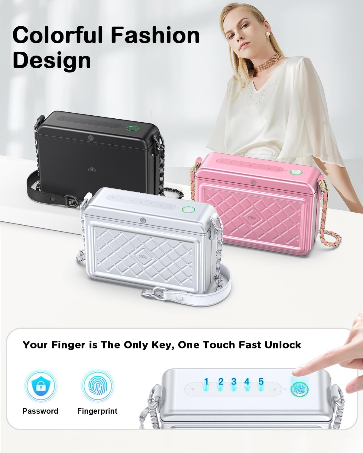 ySky Anti-Theft Fingerprint Safe lock bag for Women,Metal phone lock box with password,travel safe Security Box,Findmy to Track Belongs privacy and protection(Silver)