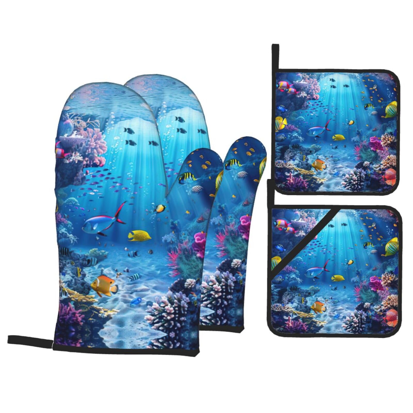 Colorful Ocean Theme Print Stylish 4-Piece Microwaving Oven Waterproof Kitchen Gloves Baking Holiday Cooking
