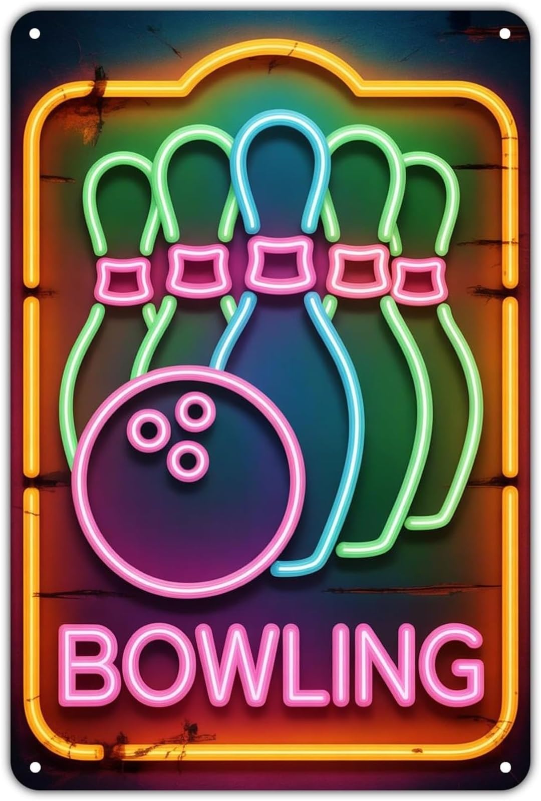 FNYUVNFAF Vintage Bowling Alley Neon Sign Distressed Metal Sign For Farmhouse Cottage Cabin Shed Barn Wall-Art 8 X 12 in