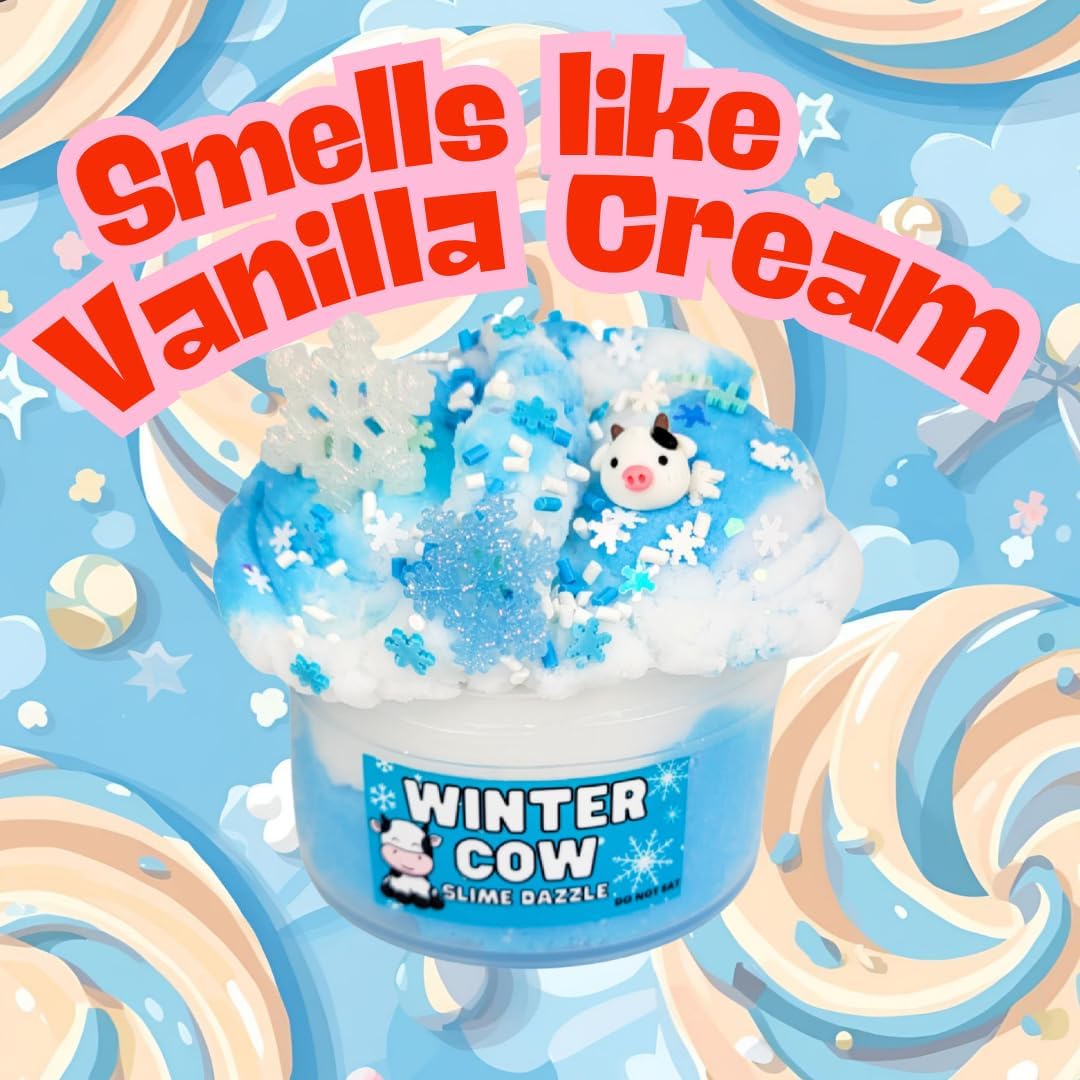 Winter Cow Cloud Slime 8 oz – White & Blue Fluffy Cloud Texture with Vanilla Marshmallow Scent – Includes Snowflake & Cow Charms – Beginner-Friendly Sensory Slime