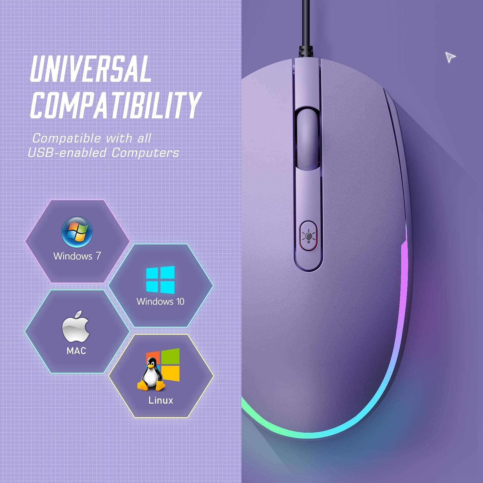 seenda Ratón USB con cable RGB retroiluminado ratón óptico de computadora con cable para ordenadores portátiles Chromebook - morado