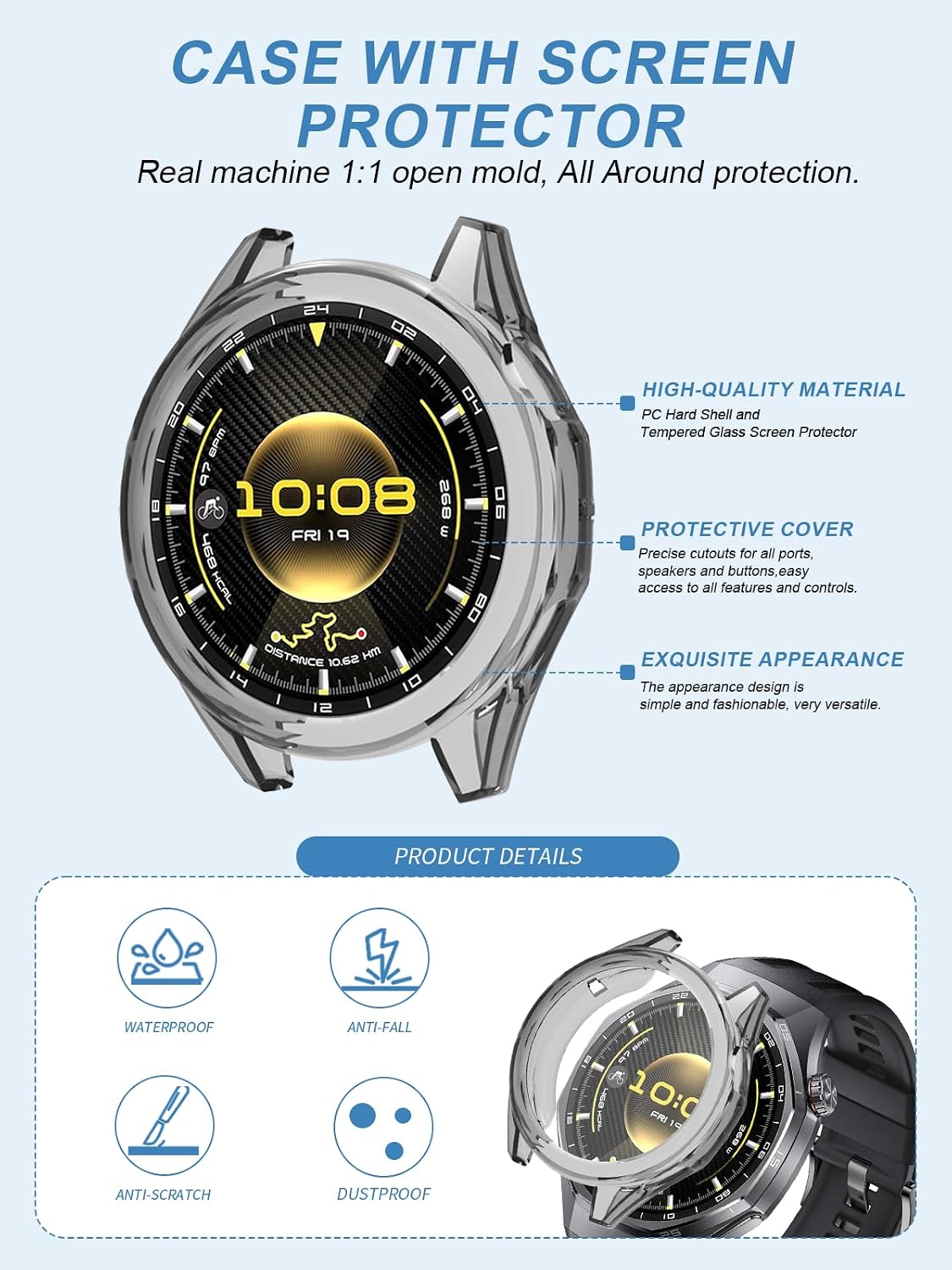 Чехол для Huawei Watch GT6 Pro защитный чехол yystao из термопластичного полиуретана TPU полузакрытый совместимый с Huawei Watch GT6 Pro 46 мм амортизирует удары легкий черный и прозрачный