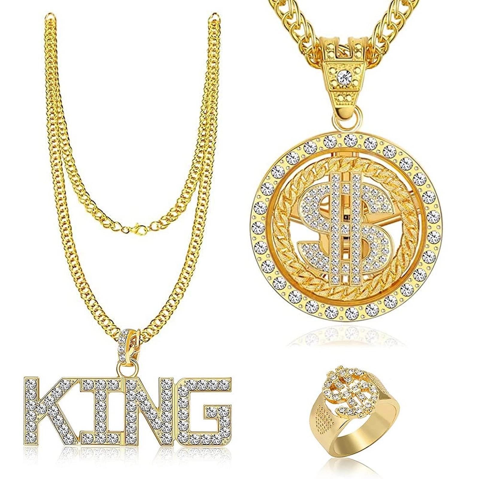 3Pieces Hip & Hop Costume Kit: 80s/90s Accessories for Kids & Adults, Fake Gold Chain with King & Dollar Sign Necklaces, Hip Hop Ring for Men