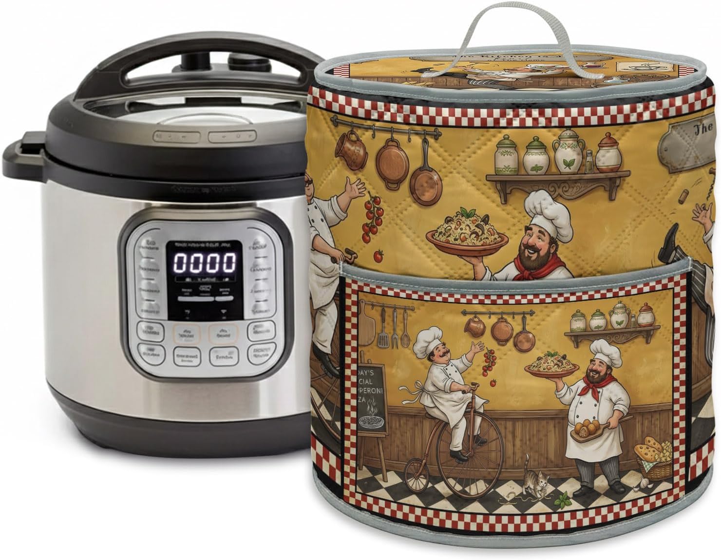 Pressure Cooker Covers Funny Chef Electric Rice Cooker Cover Small Appliance Cover Pizza Toss Cooking Kitchen Plaid 3QT Pot Dust Cover Air Fryer Protector with Pockets & Handle