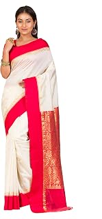 Women's Traditional Bengali Art Silk Saree - With Blouse Piece (Off white-Red)
