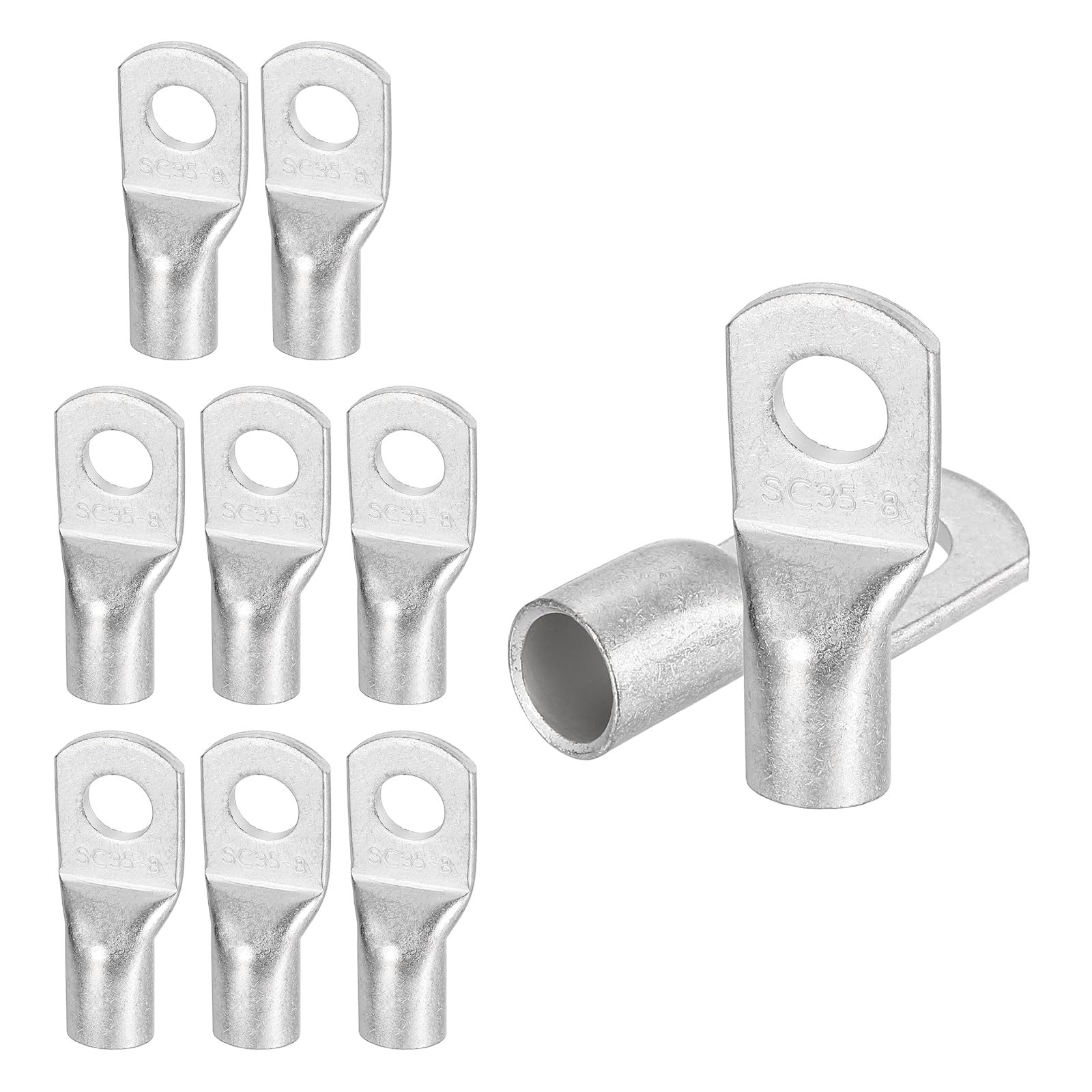 sourcing map 10 Pcs Tinned Copper Wire Lugs 2AWG 21/64" Wire Connectors Marine Grade Battery Cable Ends Ring Terminals SC35-8NH Battery Cable Lugs, Silver