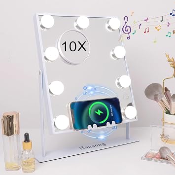 Hansong Lighted Vanity Mirror with Bluetooth Speaker and Wireless Charging Makeup Mirror with Lights 9 Dimmable Bulbs Lighted Makeup Mirror 3 Color Lighting Tabletop White