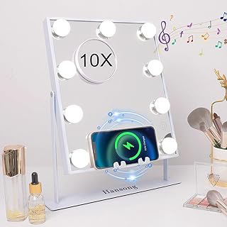 Hansong Lighted Vanity Mirror with Bluetooth Speaker and Wireless Charging Makeup Mirror with Lights 9 Dimmable Bulbs Lighted Makeup Mirror 3 Color Lighting Tabletop (White)