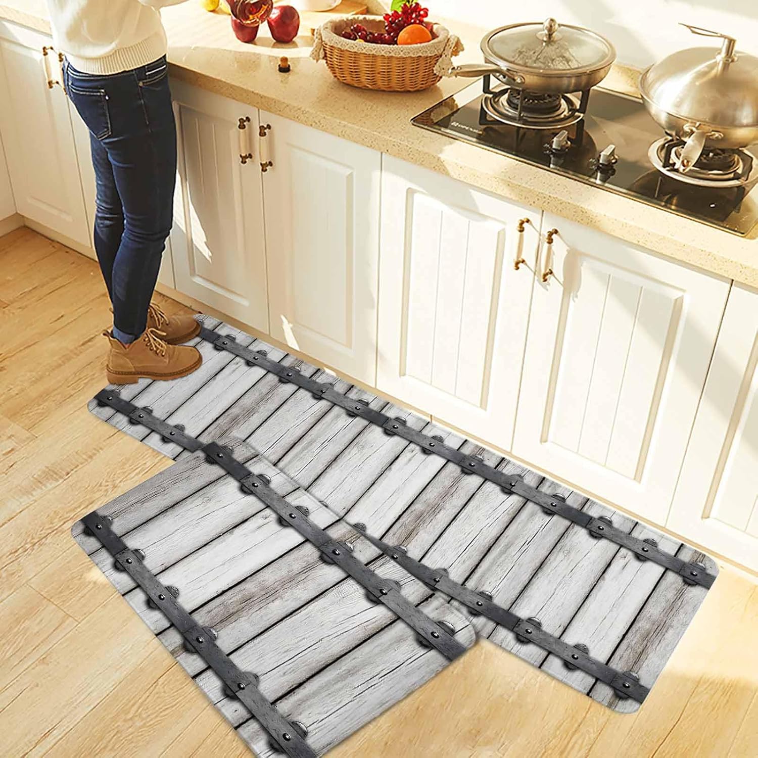 Farmhouse Rustic Kitchen Rugs and Mats Set of 2, Non-Slip Kitchen Sink Mat, Vintage Country Wooden Grain Washable Doormat Bathroom Rugs Runner for Bedroom/Living Room 23.6"x35.4"+23.6"x70.9"