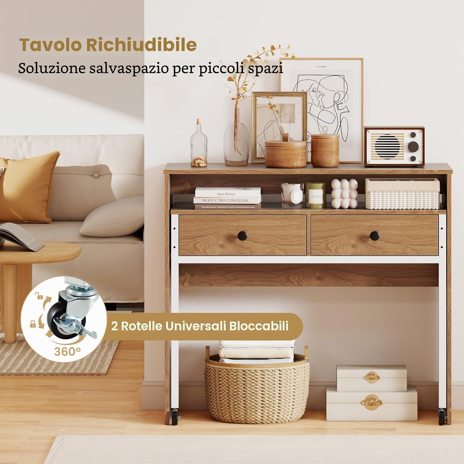 LIFEZEAL Scrivania per computer estensibile, tavolo portaoggetti con cassetti e ruote, tavolino salvaspazio per ufficio a casa, soggiorno, camera da letto
