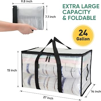 BALEINE 6-Pack Oversized Moving Bags with Reinforced Handles, Heavy-Duty Storage Tote for Clothes, Moving Supplies (Clear, 6-Pack)