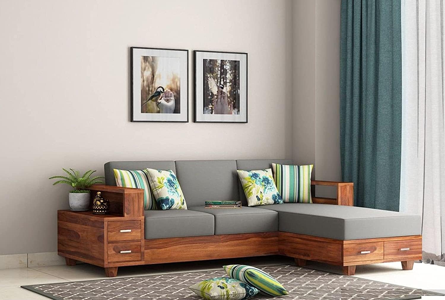 Solid Sheesham Wood L Shape Sofa Set for Home, Office, Reception & Waiting Area | 03 Seater Sofa Set Wooden | Office Furniture Sofa Set | Without Pillow | Honey Finish-image-43