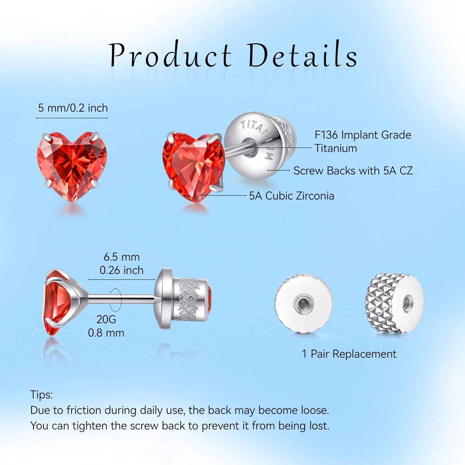 Limerencia Heart Birthstone Screw Backs Earrings G23 Implant Grade Titanium Stud Earrings 20G Hypoallergenic Cubic Zirconia Tragus Piercing Post for Sensitive Ears - Image 3
