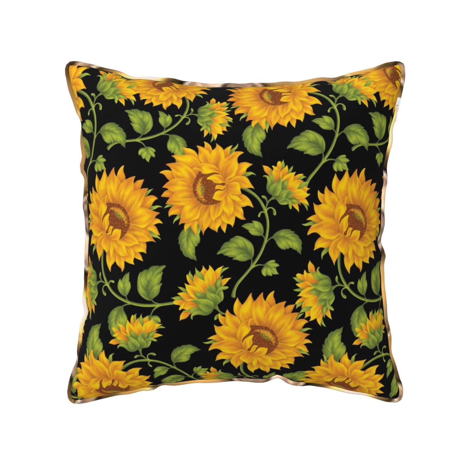 AUBKFELD Sunflower Pattern Printed Velvet Cushion Cover 40x40 CM with Gold Edging Strip, Square Pillowcase Soft Throw Pillow Covers Case Decorative for Living Room Sofa Couch Bed Bench
