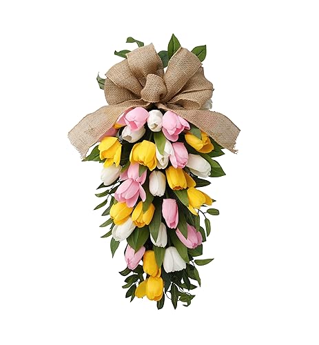 26" Artificial Tulips Teardrop Swag with Burlap Bow, Handmade Spring