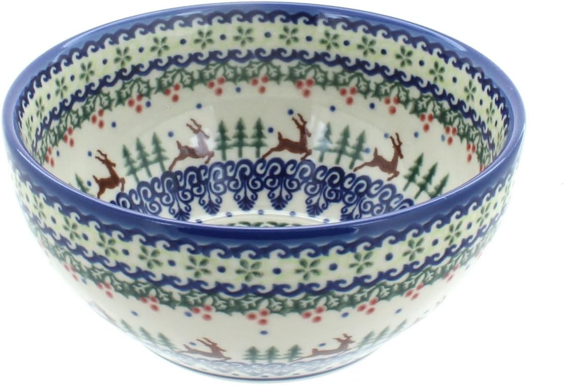 Blue Rose Polish Pottery - Green Reindeer Delight Cereal/Soup Bowl - 6" Diameter - Ceramic Serving Platter, Festive Design, Unique Christmas Gift