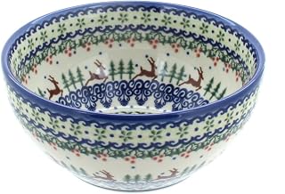 Blue Rose Polish Pottery - Green Reindeer Delight Cereal/Soup Bowl - 6" Diameter - Ceramic Serving Platter, Festive Design, Unique Christmas Gift