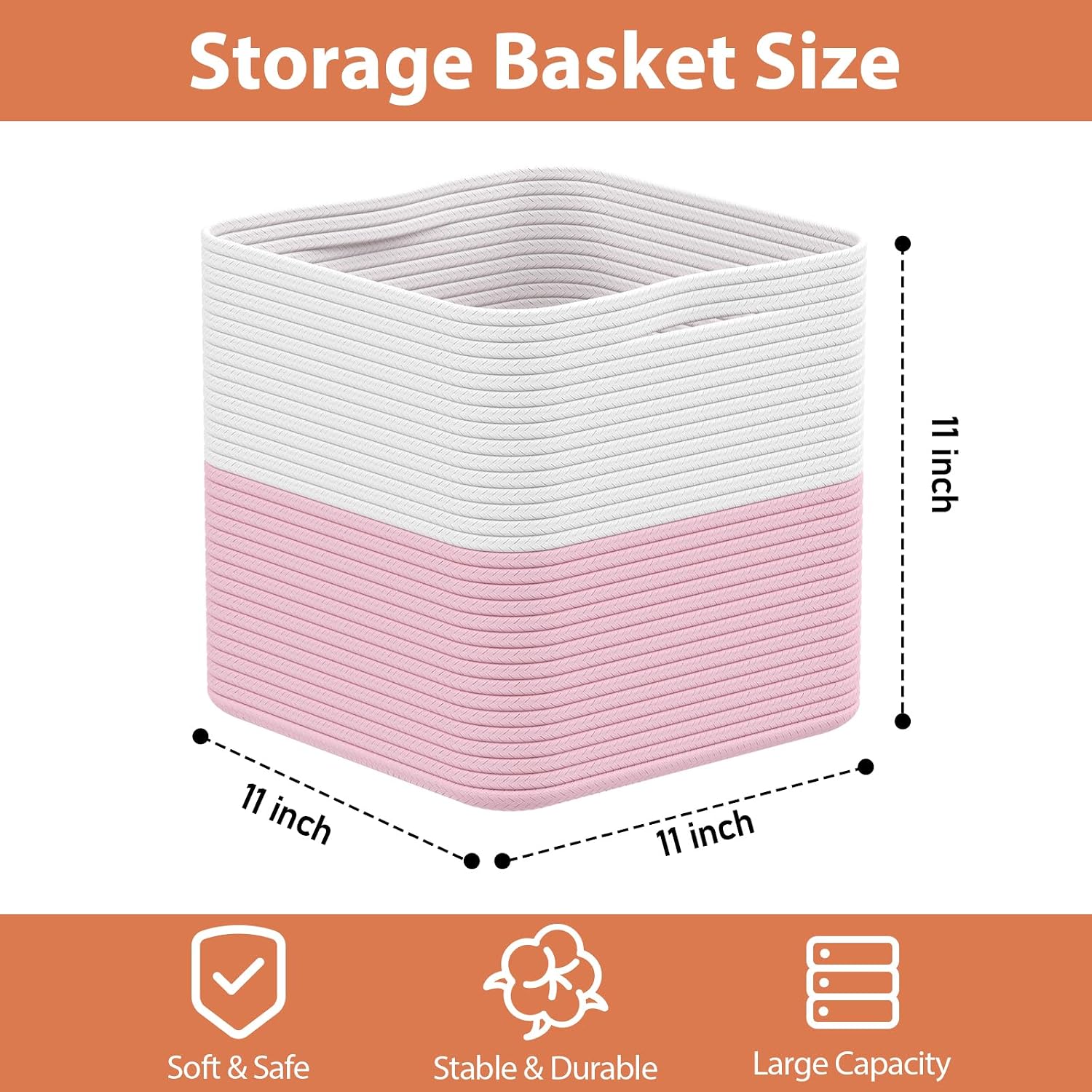 Storage Cotton Cubes 11 Inch, Woven Cotton Rope Storage Baskets for Toys Blanket Organizing, Storage Bins Decorative Organizer with Handles for Living Room Laundry Room Closet (3 Pack, Pink)