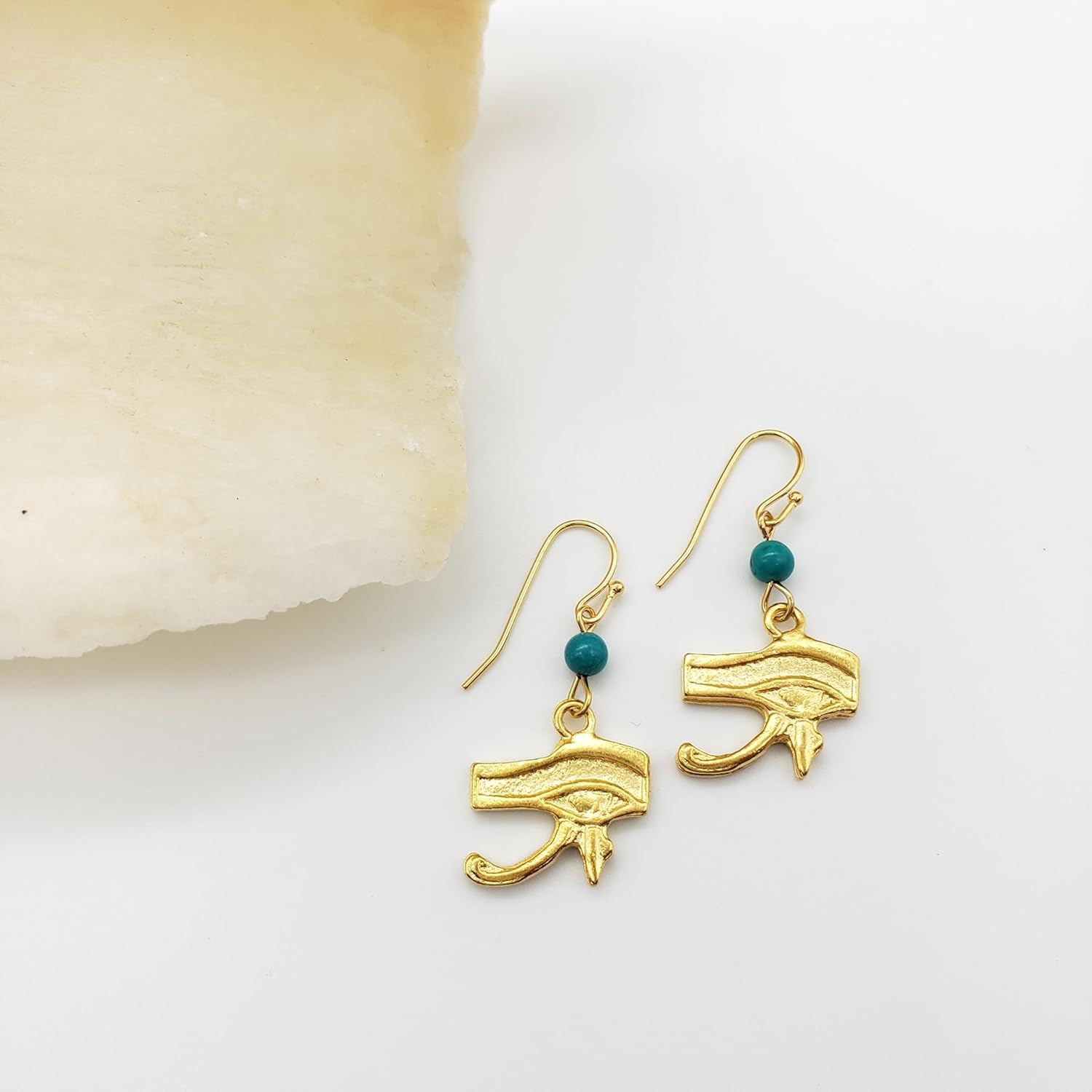 Eye of Horus Earrings with Turquoise - Gold Finish - Egyptian God Inspired - Eye of Ra