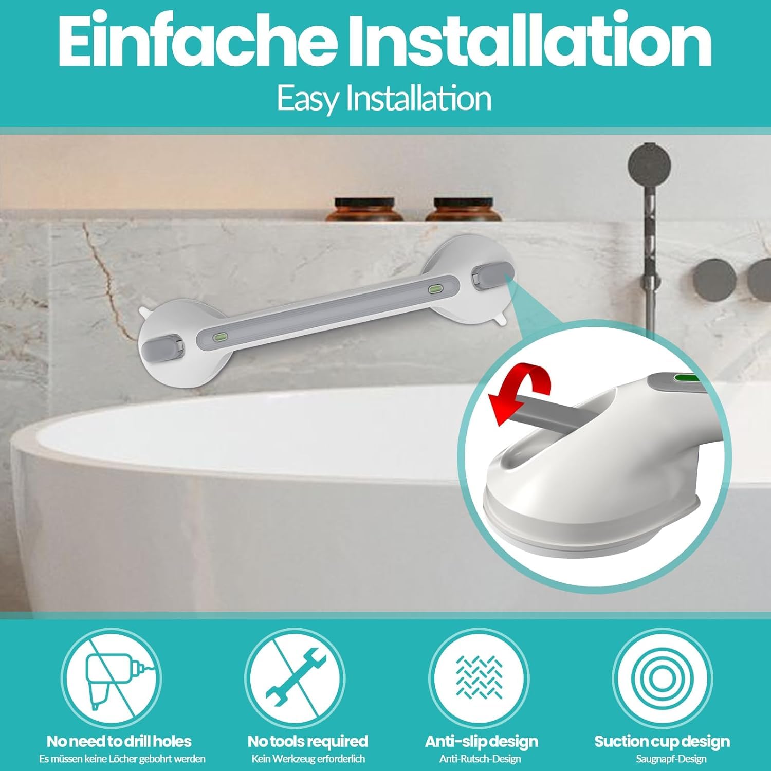 Maniglione Bagno Disabili con Avviso di Aspirazione, Maniglie Doccia Ventosa, Maniglia Ventosa, Maniglioni Bagno per Anziani, Senza Foratura,Corrimano Mobilità Portatile (12in-2pcs)