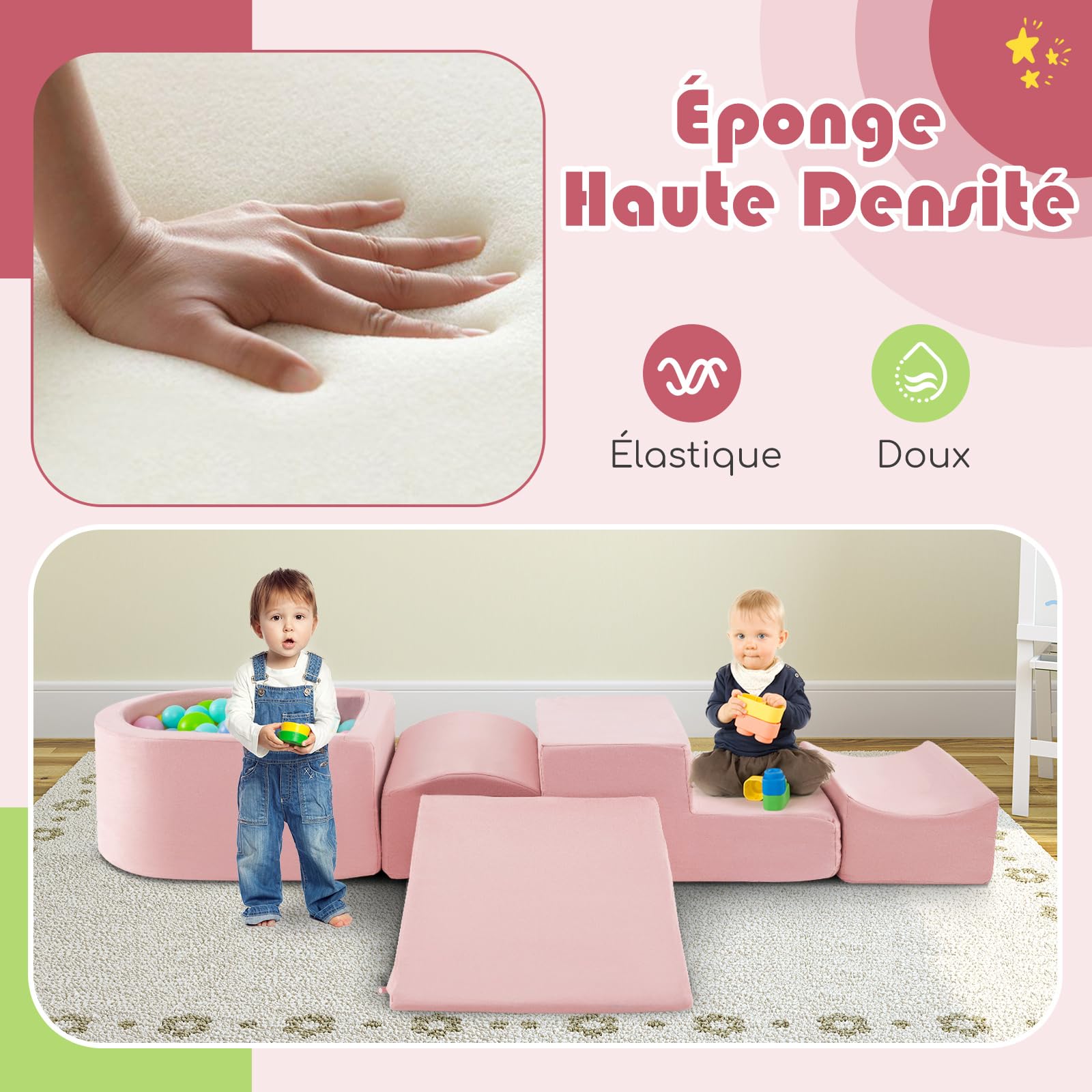 DREAMADE Parcours de motricité Bébé 5PCS avec Housse Lavable, Blocs de Construction avec Piscine à Balles, Module Motricité pour Enfant 3+ Ans, sans Balles (Rose)