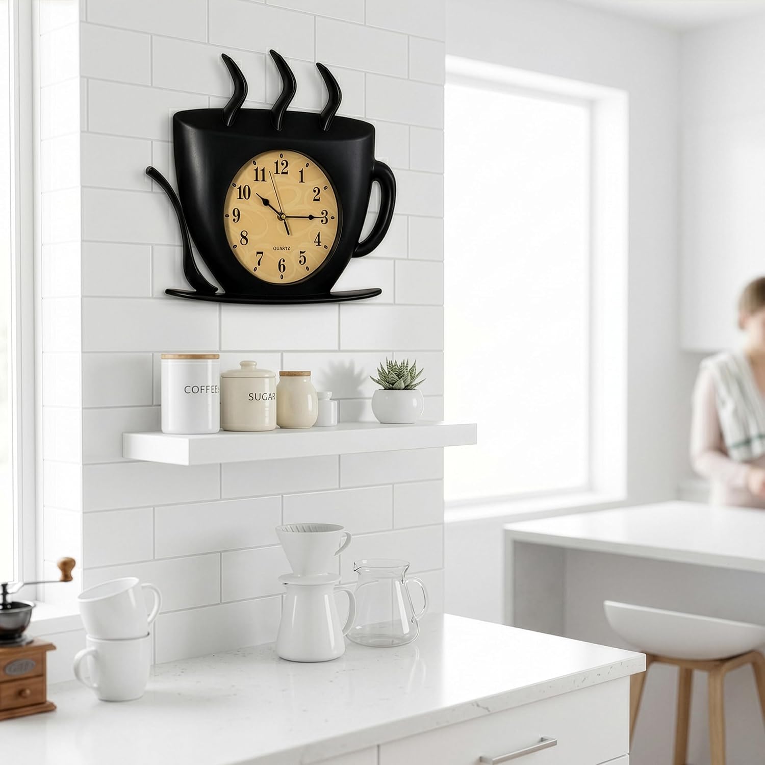 Clockswise Coffee Cup Wall Clock Battery-Operated Quartz Timepiece Decorative Accent for Kitchen Coffee Bar Cafe Restaurant Dining Room and Breakfast Nook, Ideal for Home & Office Decor, Black image 5