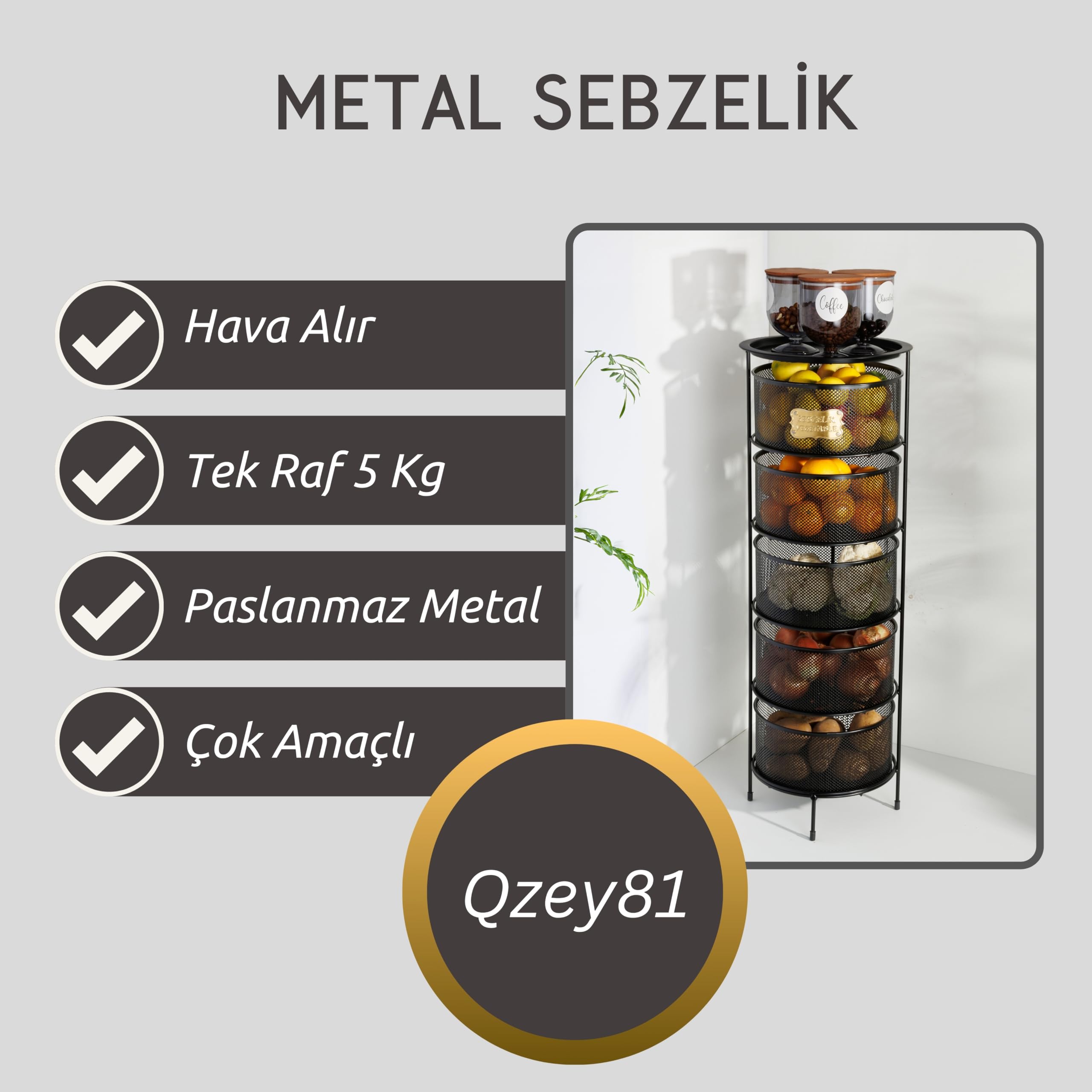 5 Katlı Açılır Kapanır Paslanmaz Metal Sebzelik Yükseklik 94 cm -(SİYAH)