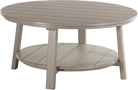 Deluxe Poly Round Outdoor Coffee Table, Two Tier Coffee Table, Round Conversation Tables for Outside Patio with Lower Shelf - Amish Made in USA Weatherwood