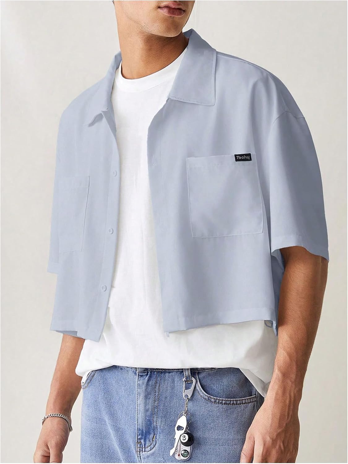 GORGLITTER Men's Cropped Shirt Button Bown Short Sleeve Casual Crop Top Collar Neck Summer Shirts