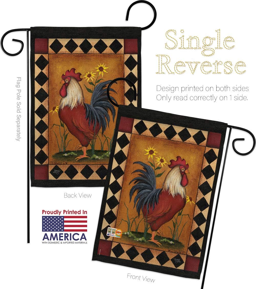 Rooster Garden Flag Set Wood Dowel Animals Barnyard Animal Cow Horse Farmhouse Pet Nature Farm Creature Small Decorative Gift Yard House Banner Made In USA 13 X 18.5