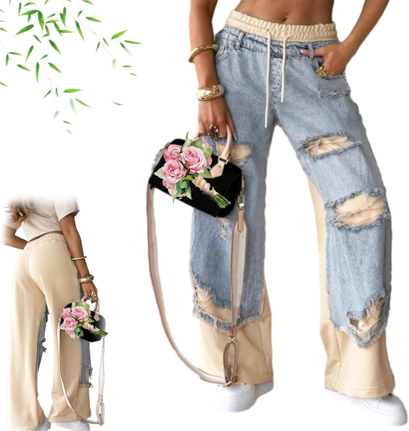Women's Denim Trousers with Stitching and Ripped Design Casual High Waisted Drawstring Baggy Patchwork Wide Leg Jeans